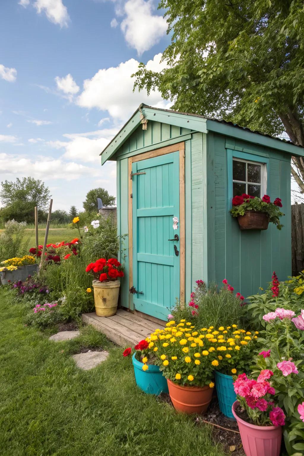 A garden shed featuring a turquoise entrance, introducing a burst of hue to the garden.