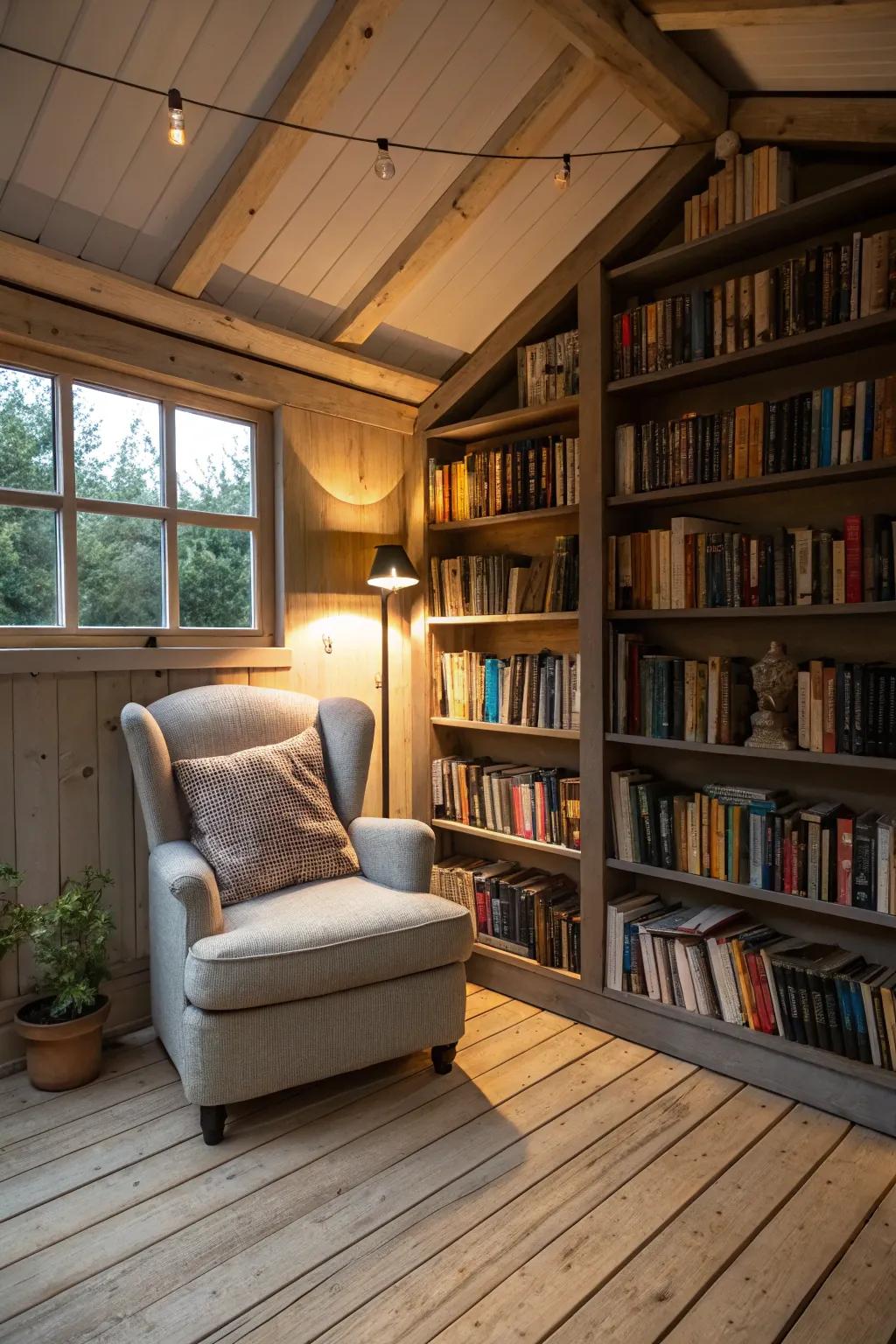 A shed redesigned as a tranquil reading space, excellent for savoring quiet moments with a book.