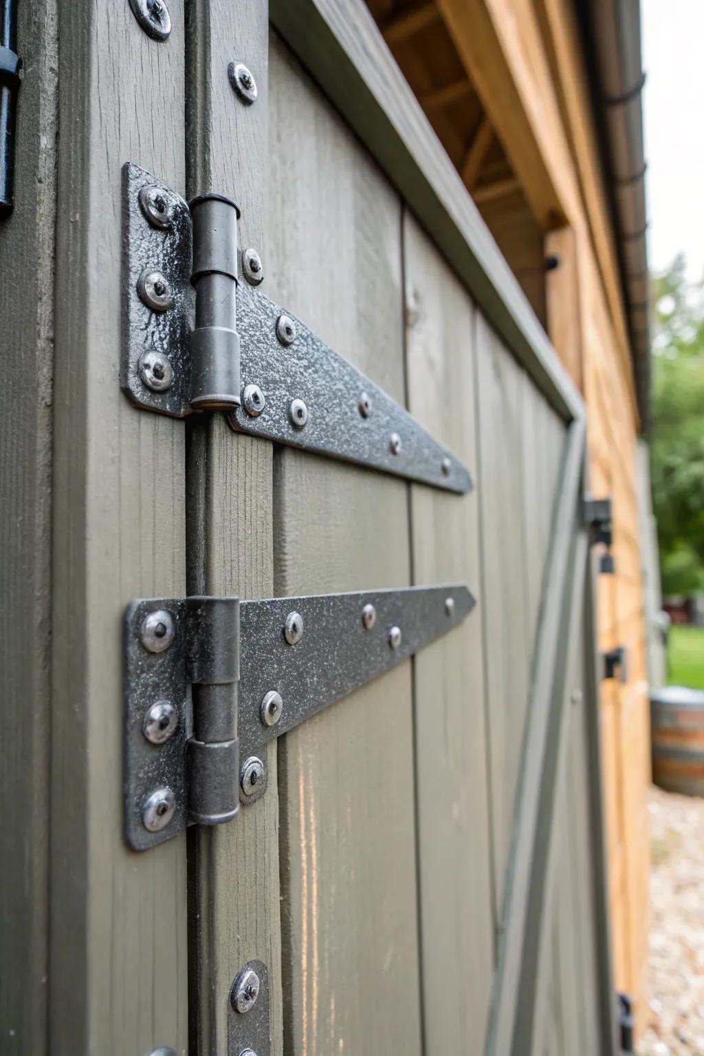 Reinforced steel hinges add considerable strength and security to a shed door.