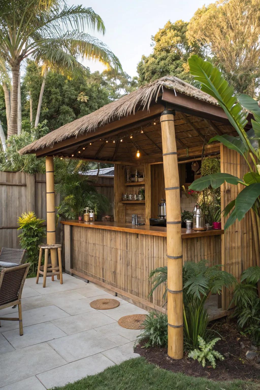 Design a tropical retreat with a tiki-themed shed bar.