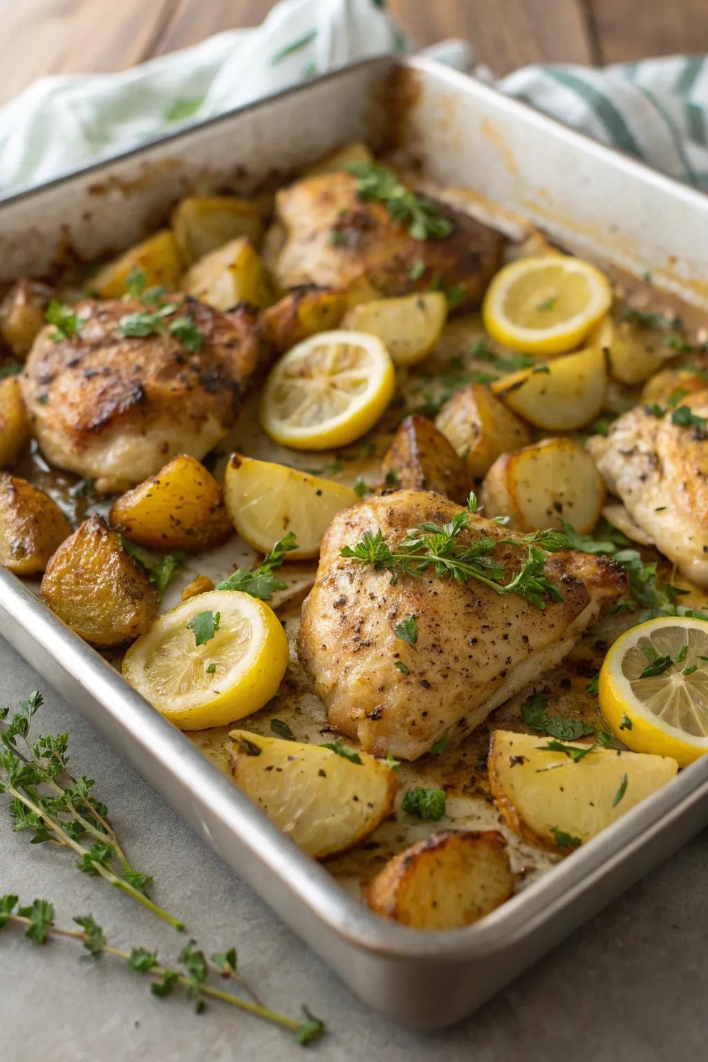 A comforting dinner featuring chicken with lemon and herbs, alongside potatoes.