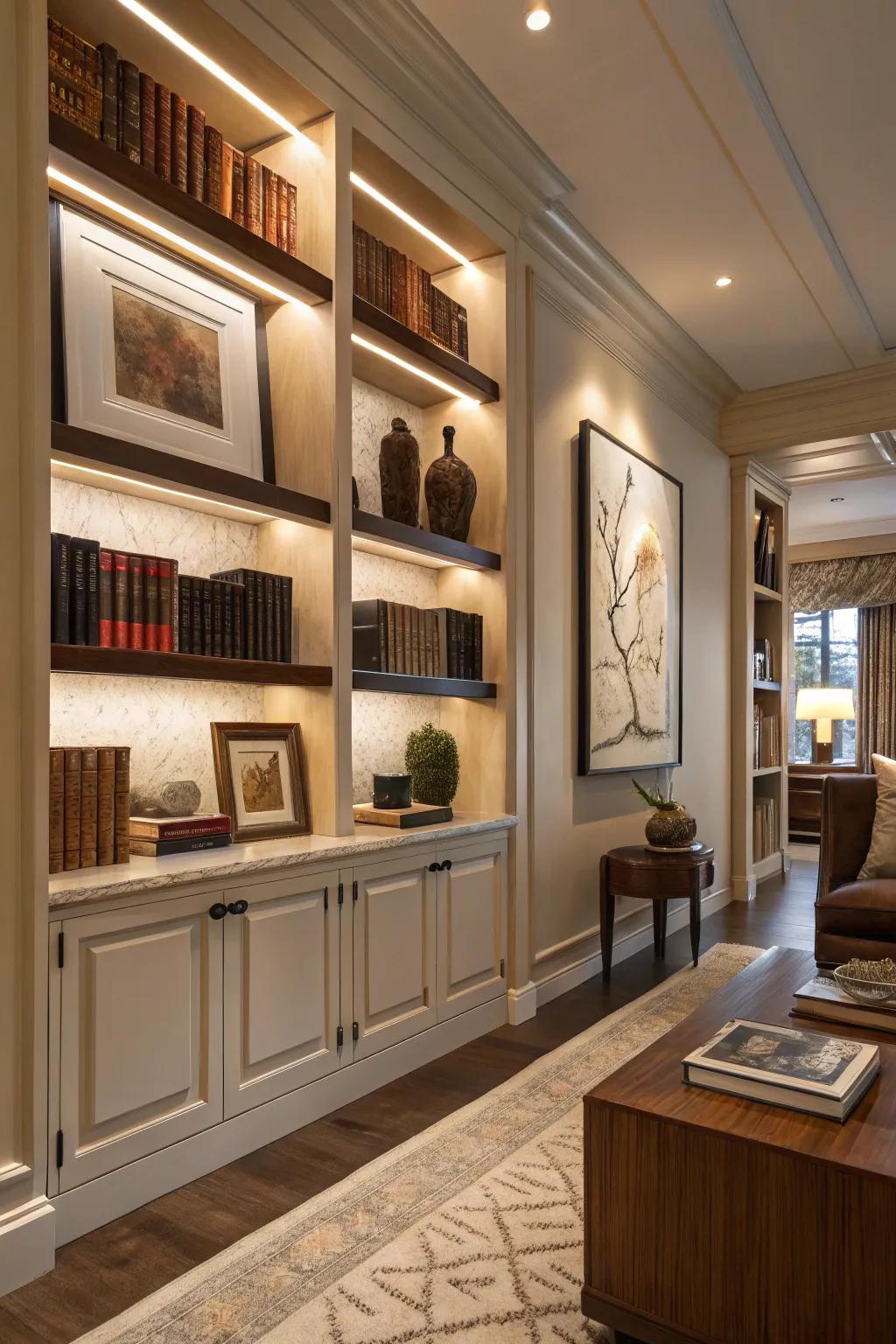 Art and books blend seamlessly to create a refined shelf arrangement.