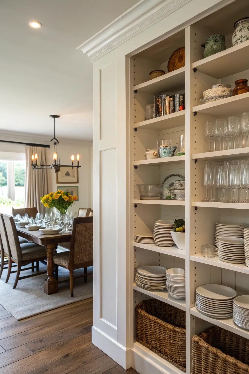 Open shelving ensures dining necessities are easily accessible and elegantly displayed.