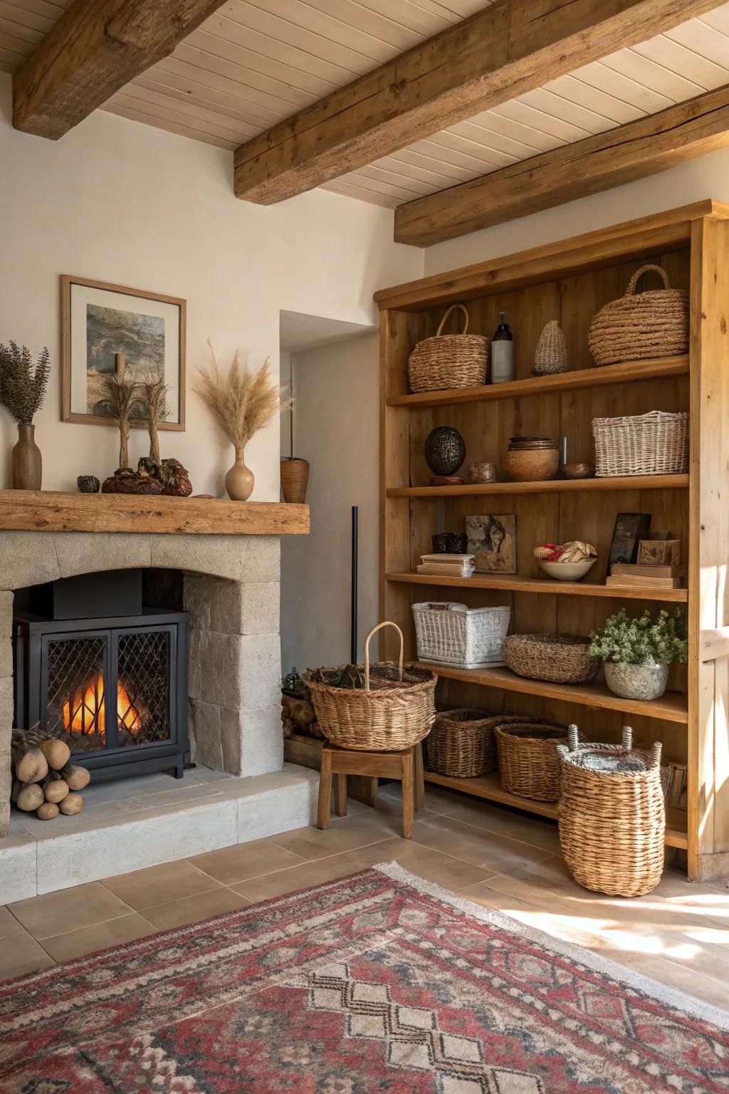 Rustic wooden shelves enhance the space with farmhouse charm.