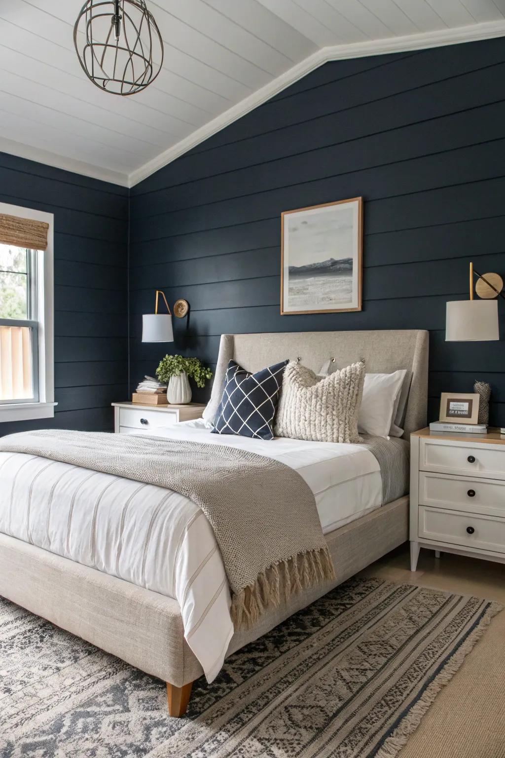 Dark shiplap introduces a daring and theatrical touch to any bedroom.