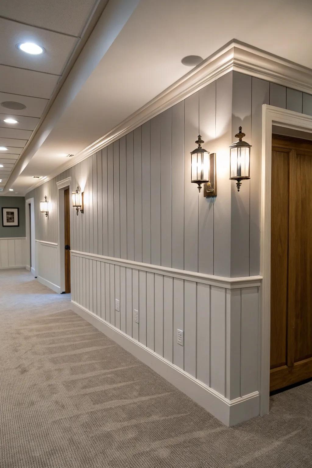 Upright groove walls increase the perceived height of this fashionable basement.