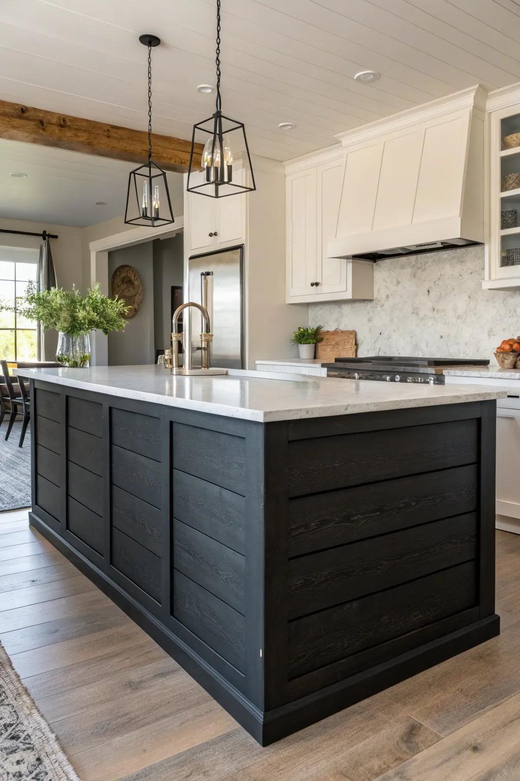 Dark horizontal panels present a dramatic contrast when paired with light stone countertops.