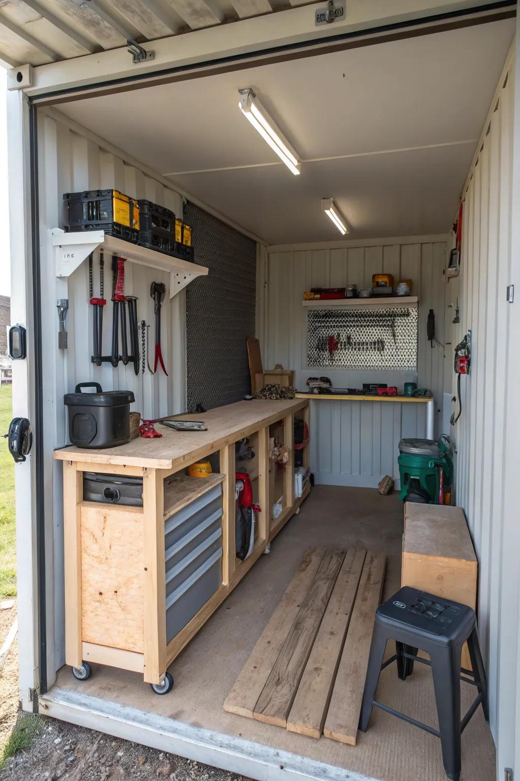 A shipping container turned into a dedicated workshop space.
