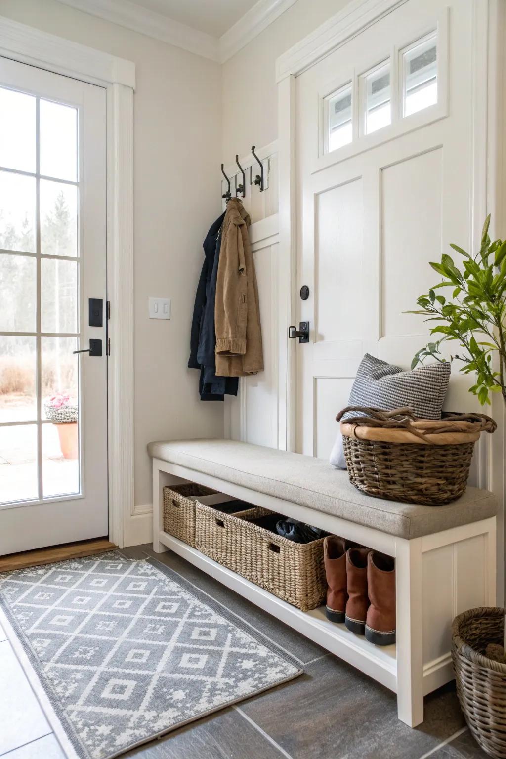 A bench with a basket underneath looks great and is very useful.
