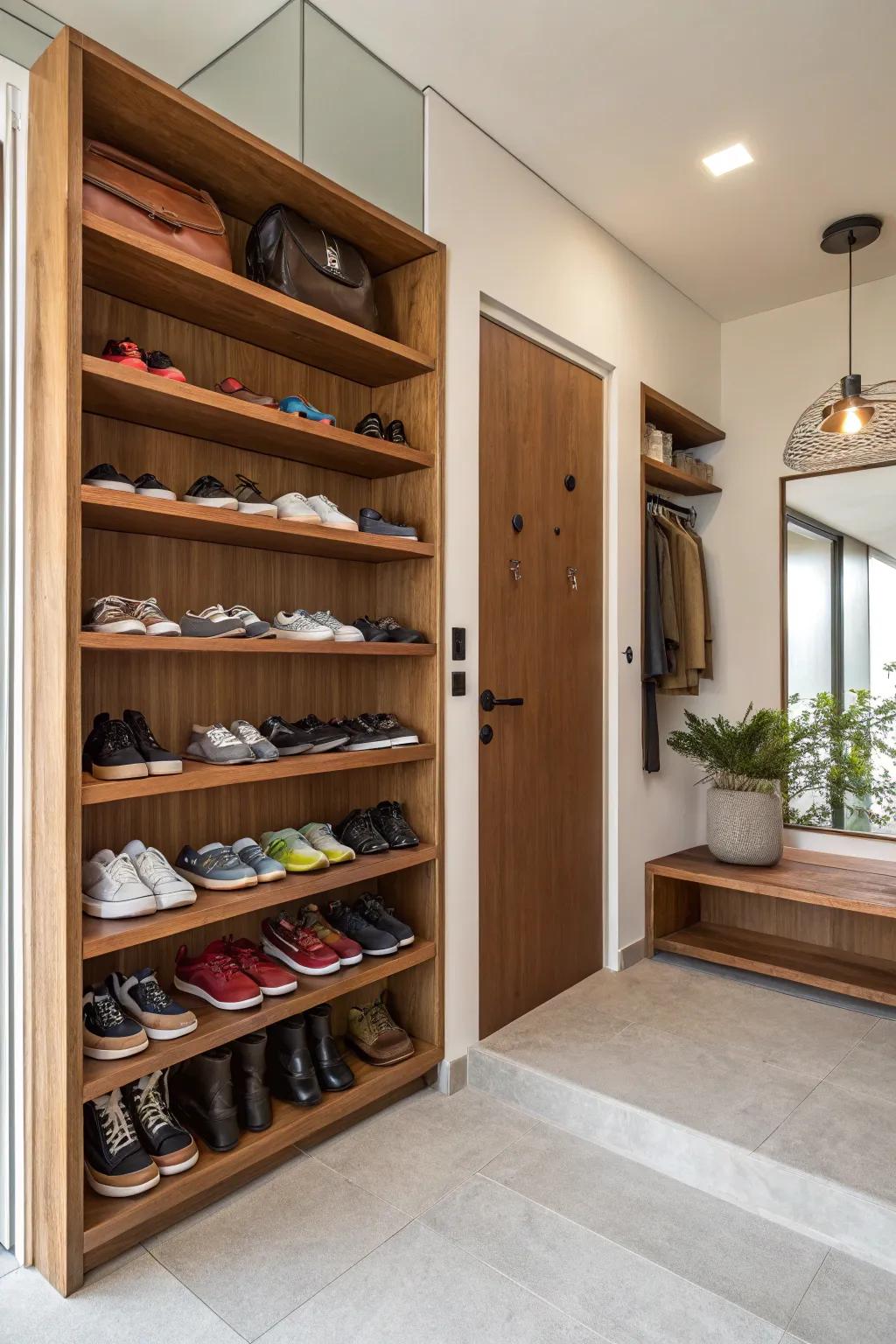 Open shelving providing easy access to frequently worn shoes.