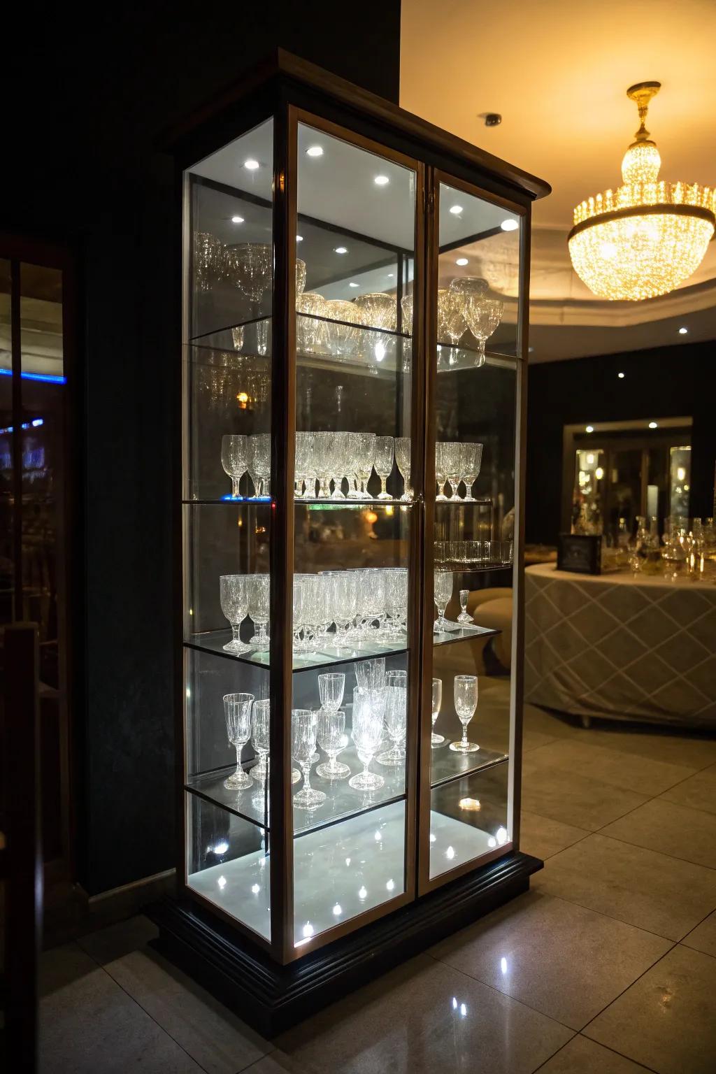 A softly lit room features an illuminated display of shot glasses, enhanced with LED lights.