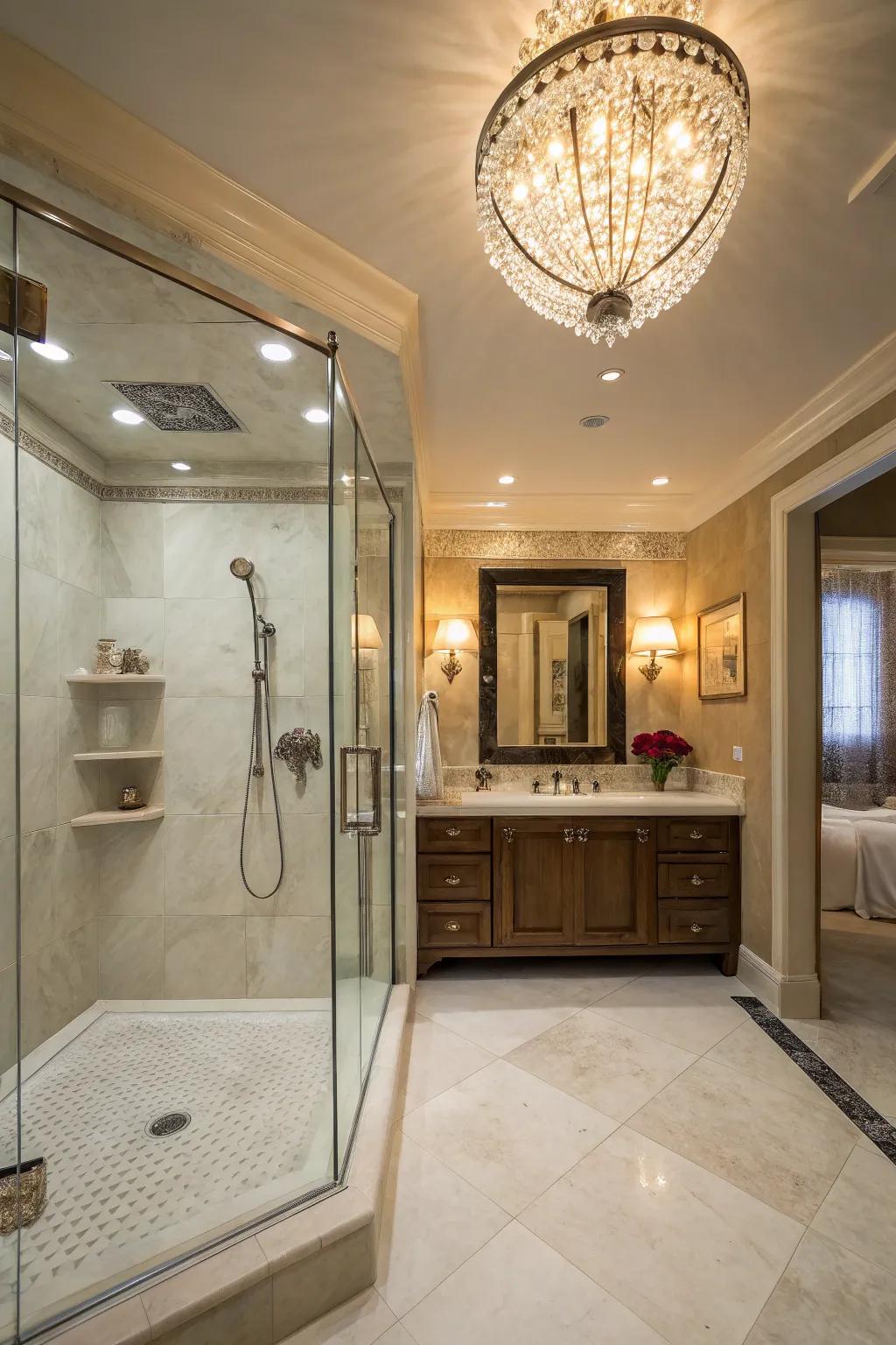 An elegant lighting fixture enhances the luxurious aspect of your shower.