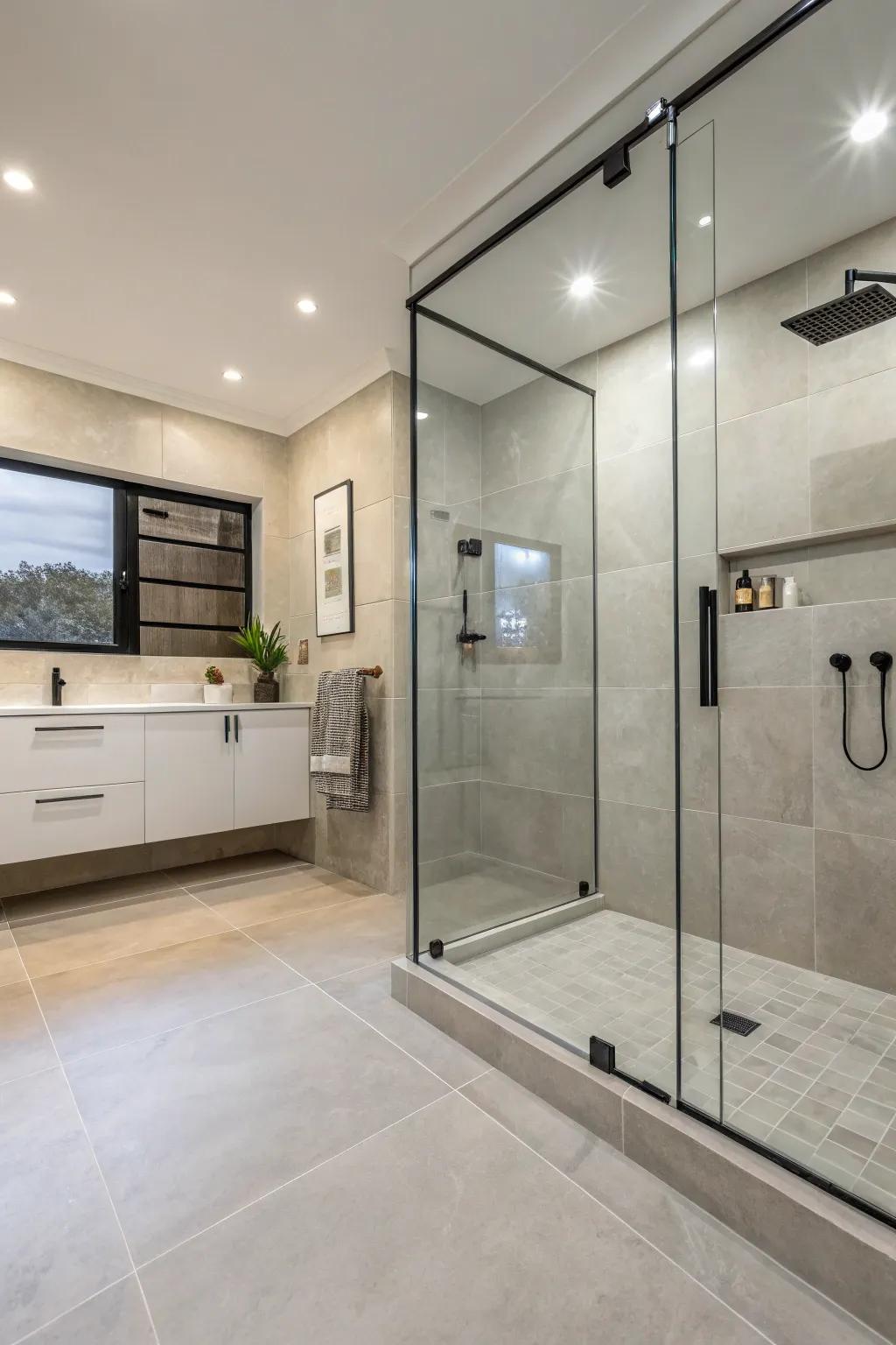 Embrace a sleek, modern aesthetic with large format shower tiles.