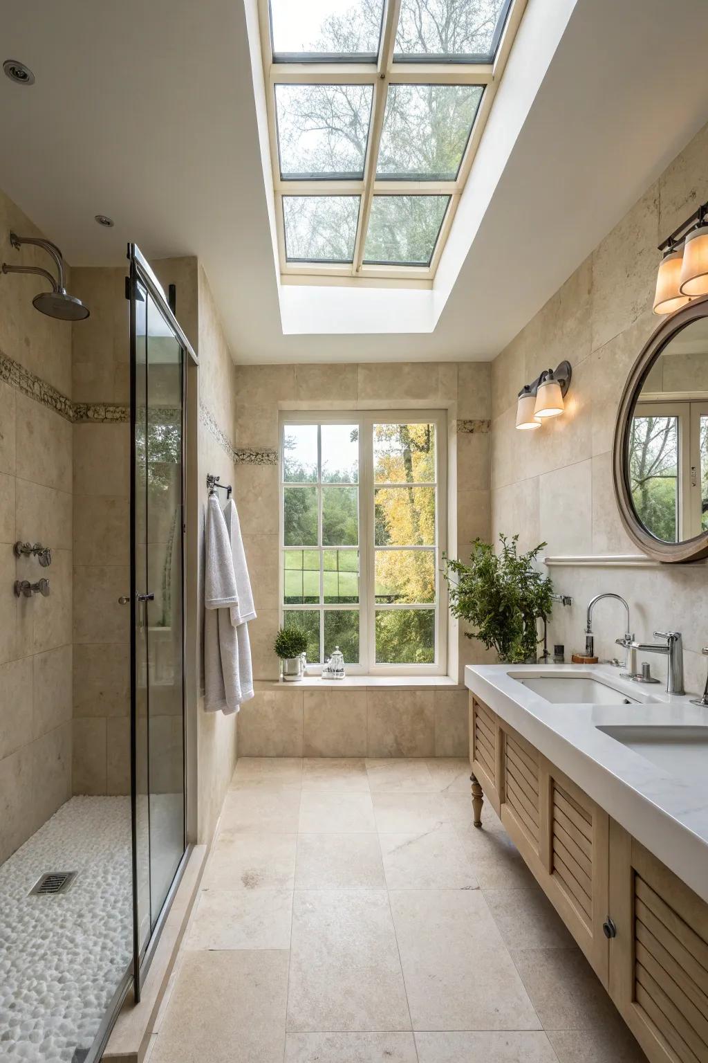 A shower room filled with sunlight, enhancing its feeling of spaciousness.