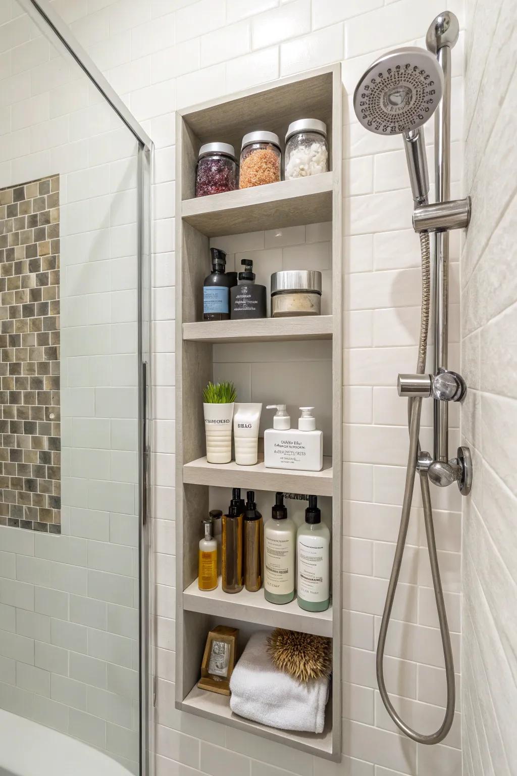 A recessed niche provides a streamlined and smooth storage option.