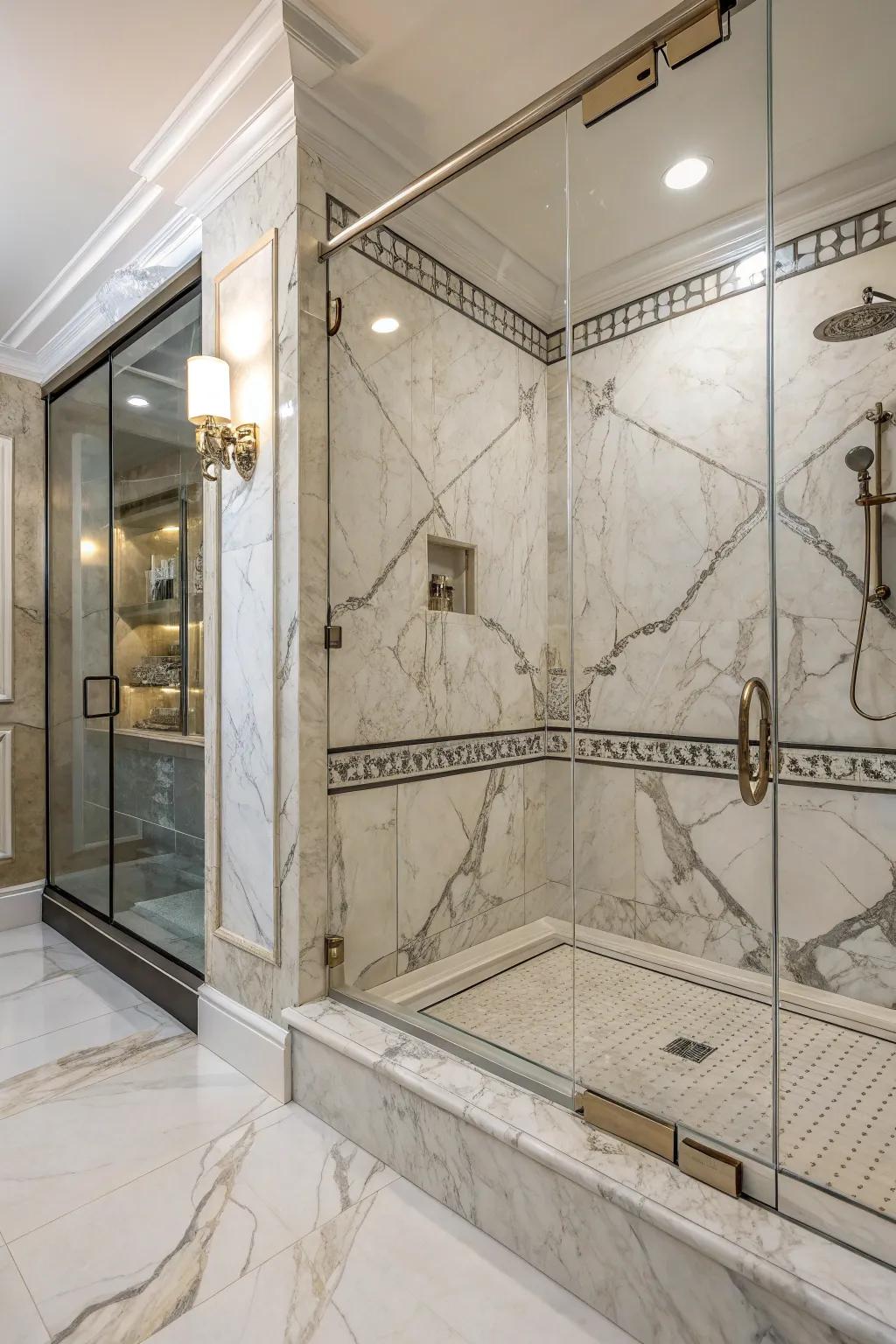 Tiles with a natural stone appearance bring timeless style to any bathroom.