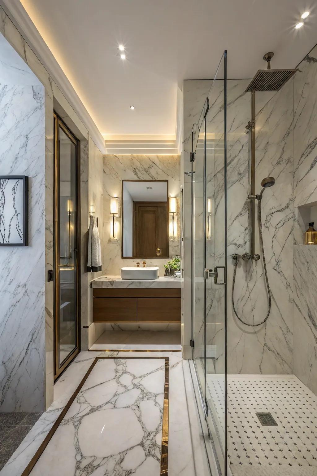 Marble walls fill your shower with timeless sophistication.