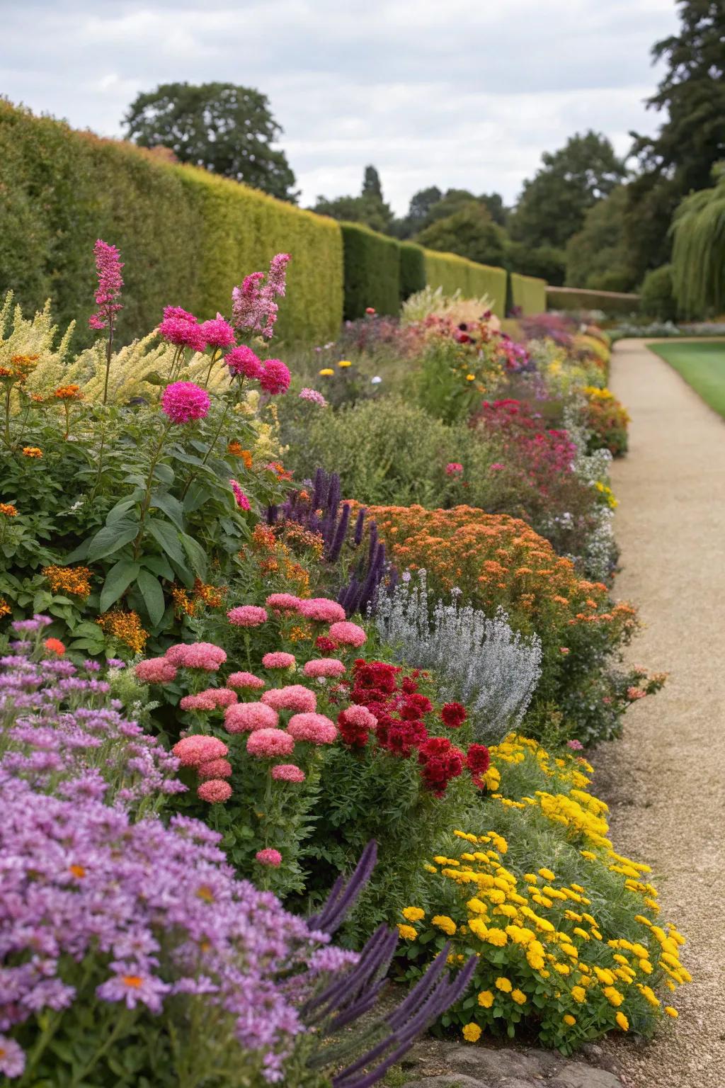 A vibrant garden border merging colorful flowers and shrubs for added visual interest.
