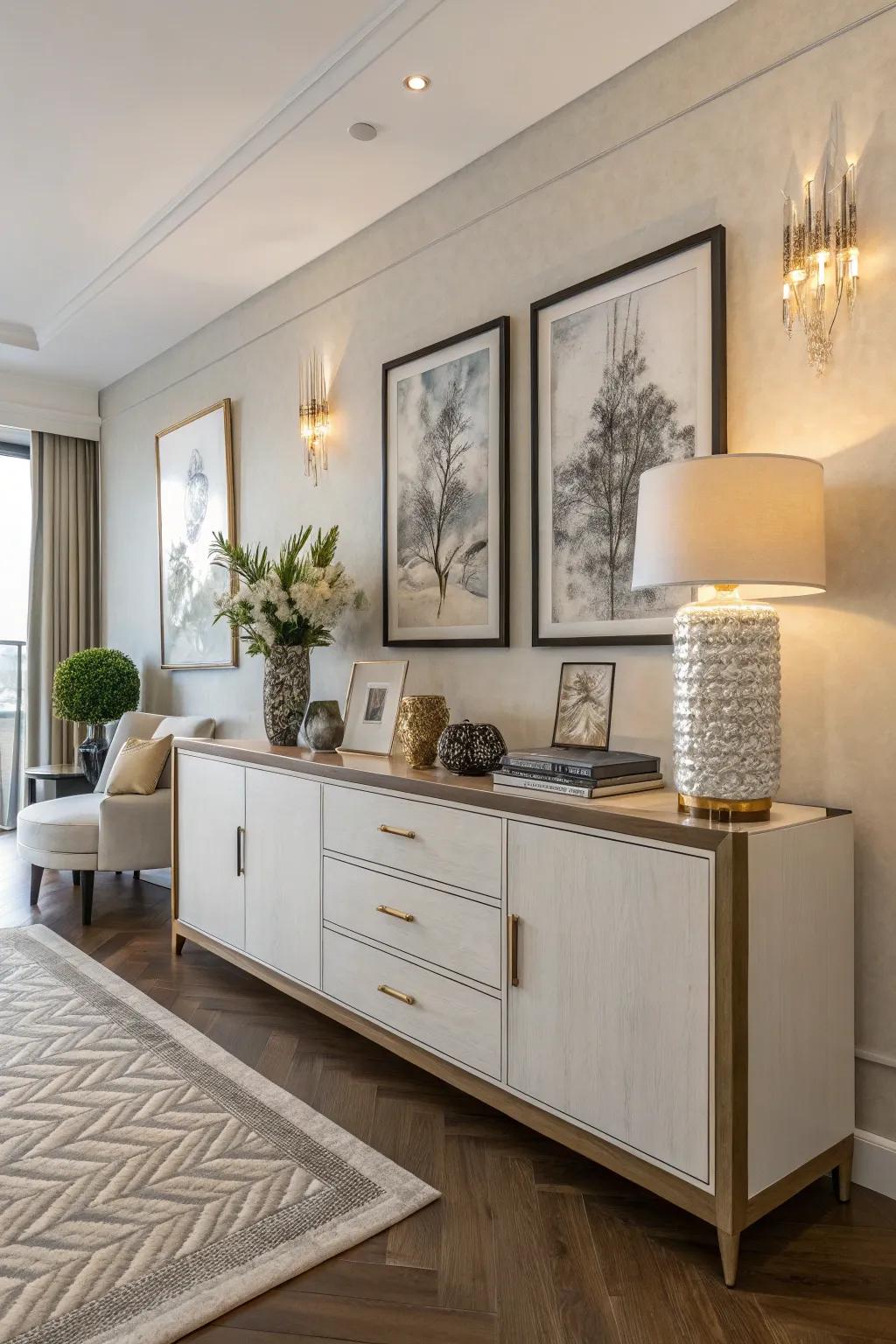 Artwork leaning casually on a sideboard adds a laid-back and artistic vibe to any room.