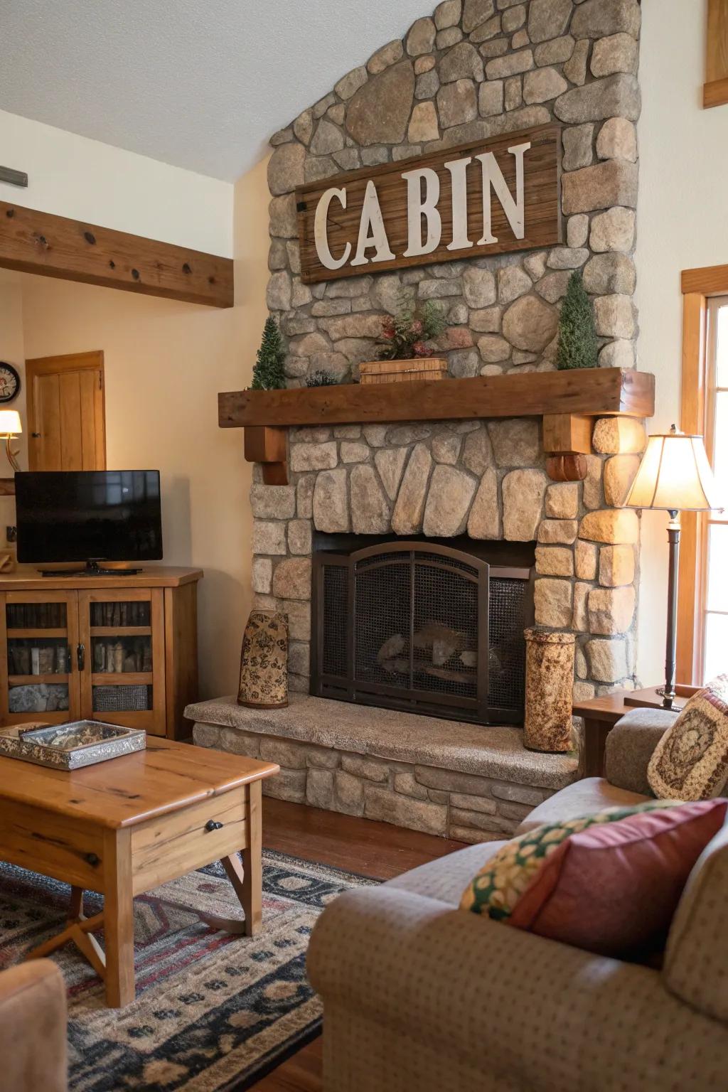 A lounge showcasing a country wood cabin board positioned over a stone fireplace.