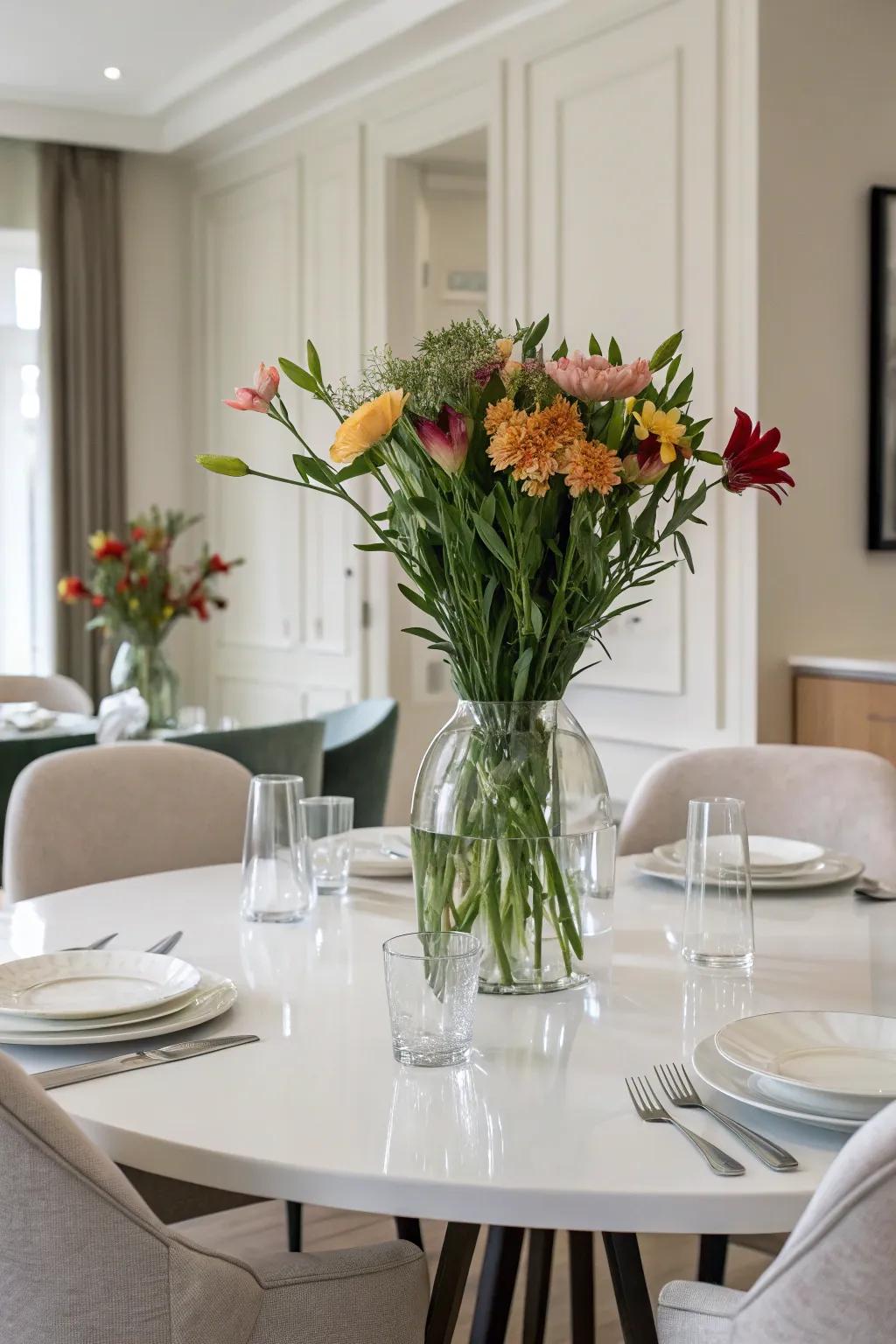 Simple glass vases containing flowers make for a classy centerpiece.