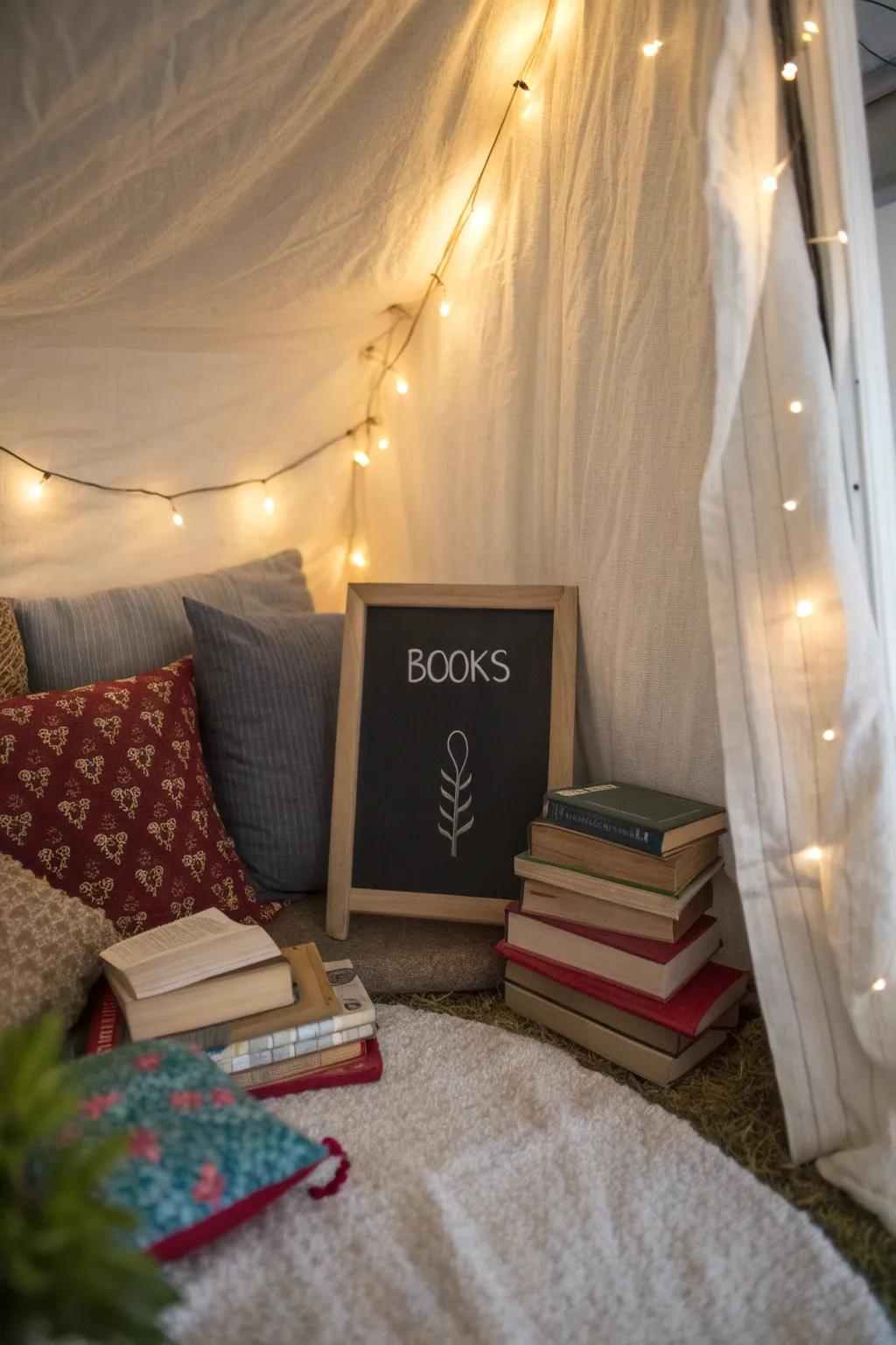 Reading nook featuring a chalkboard quote about the joy of books.