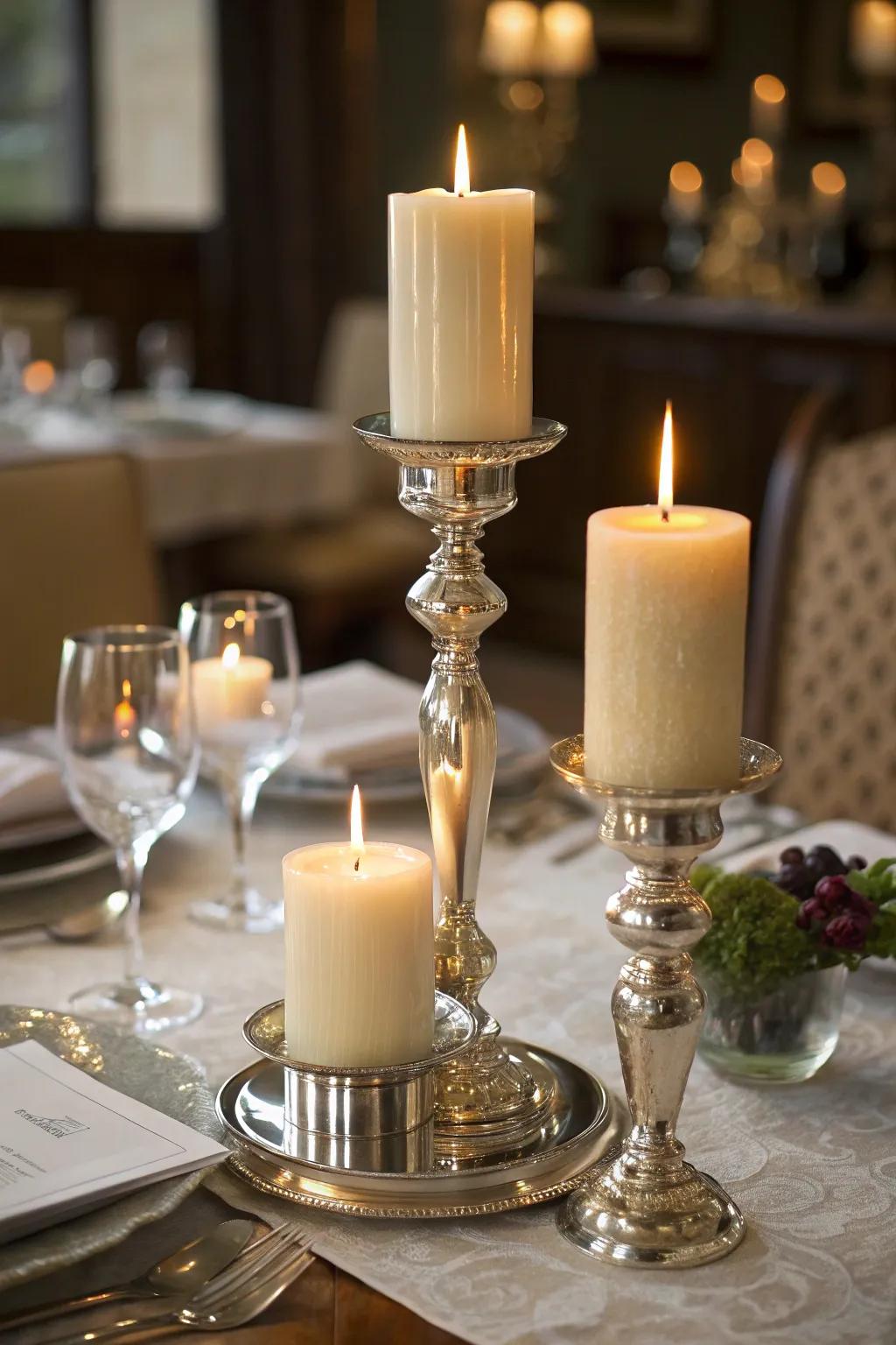 A trio of candles adds charm to the dining table.