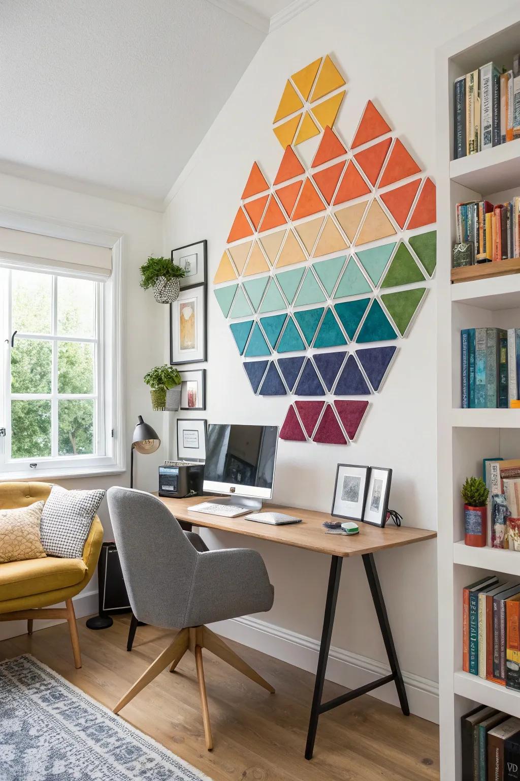 Geometric shapes form a visually striking fractal pattern in this home office.