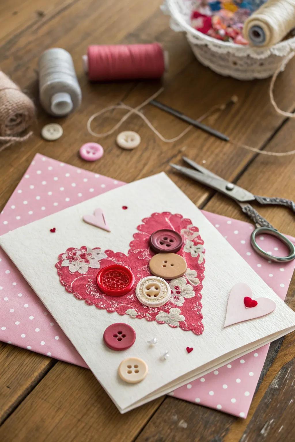 A cozy and textured card made with fabric and buttons for a heartfelt touch.