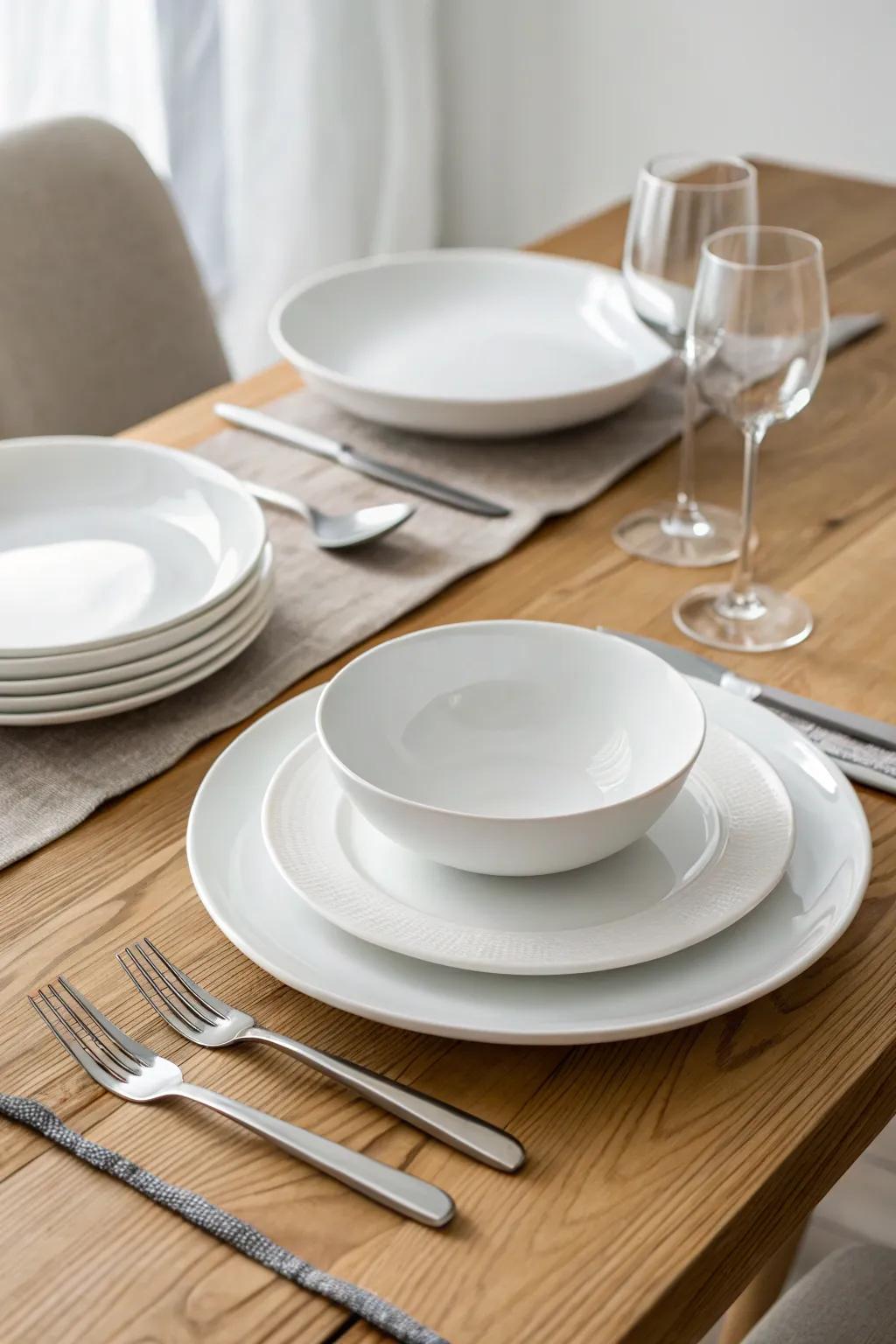 Simple place settings are presented on a warm wooden table.