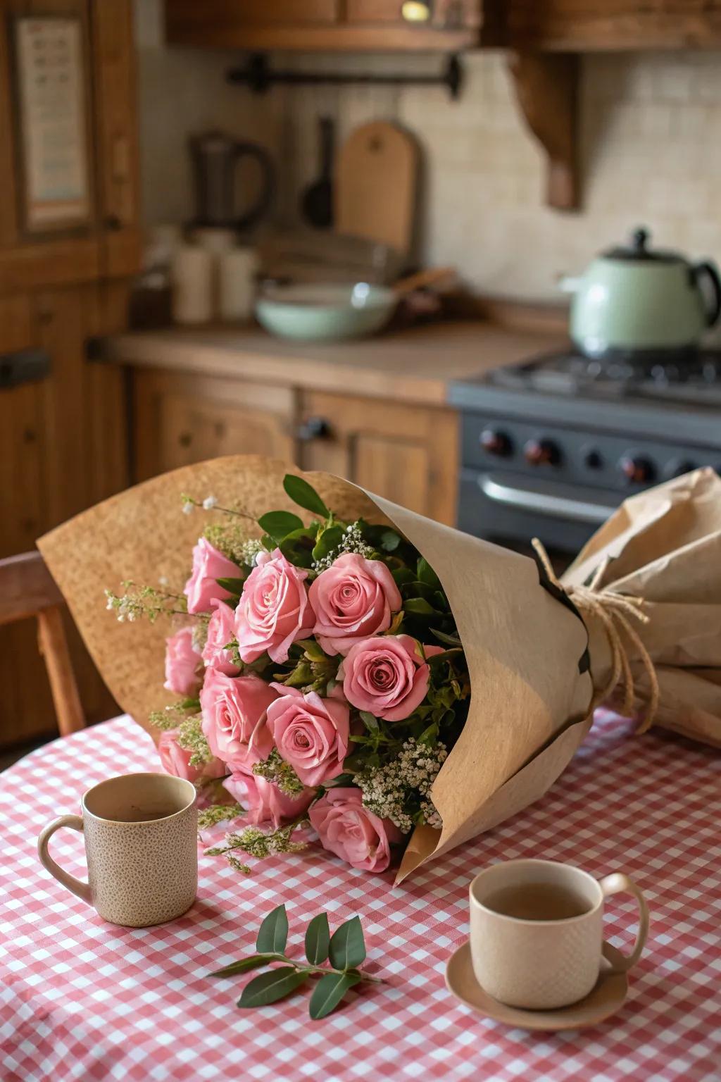 Roses wrapped in natural wrapping paper exude rustic appeal.