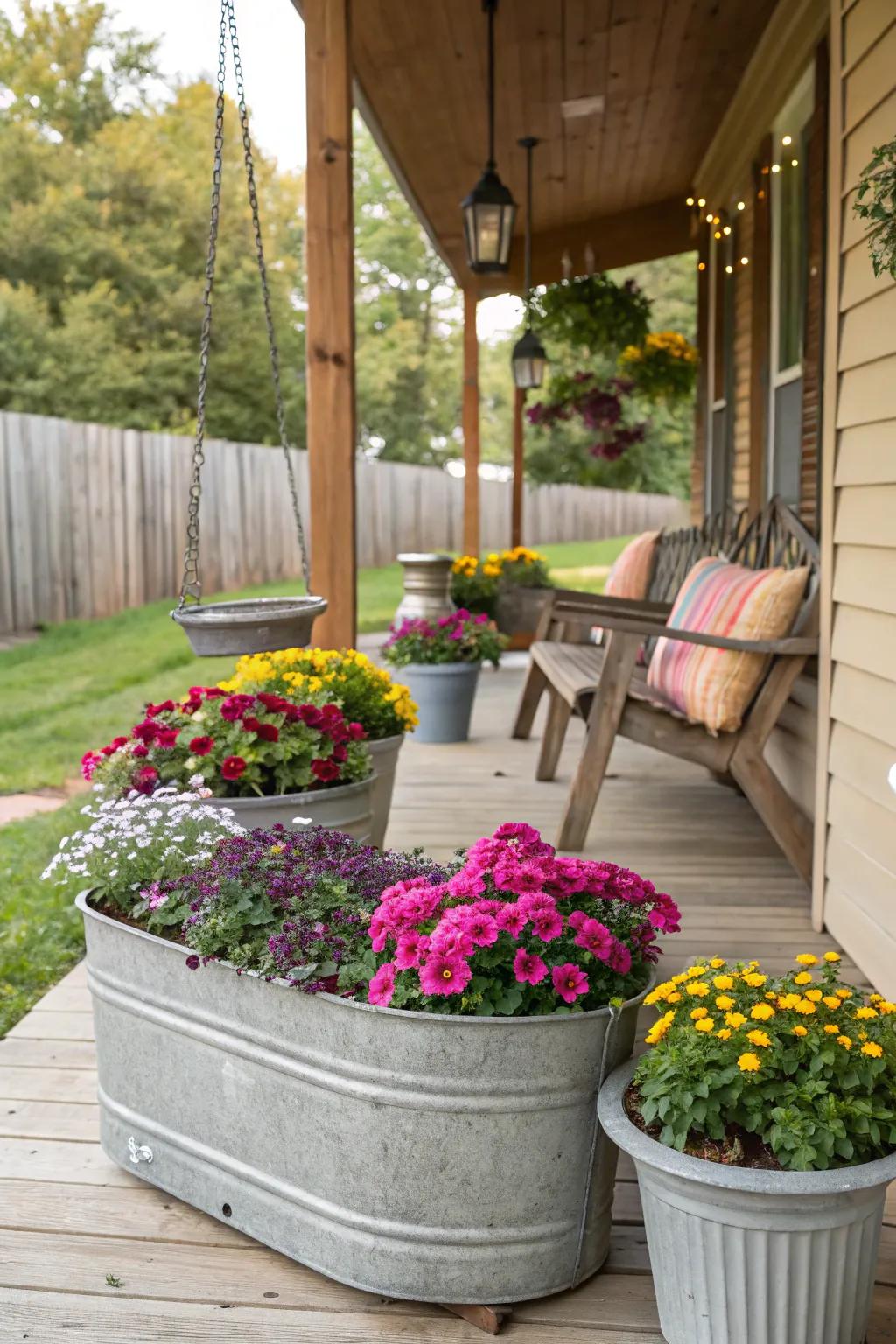 Galvanized tubs offer rustic sophistication to any porch.
