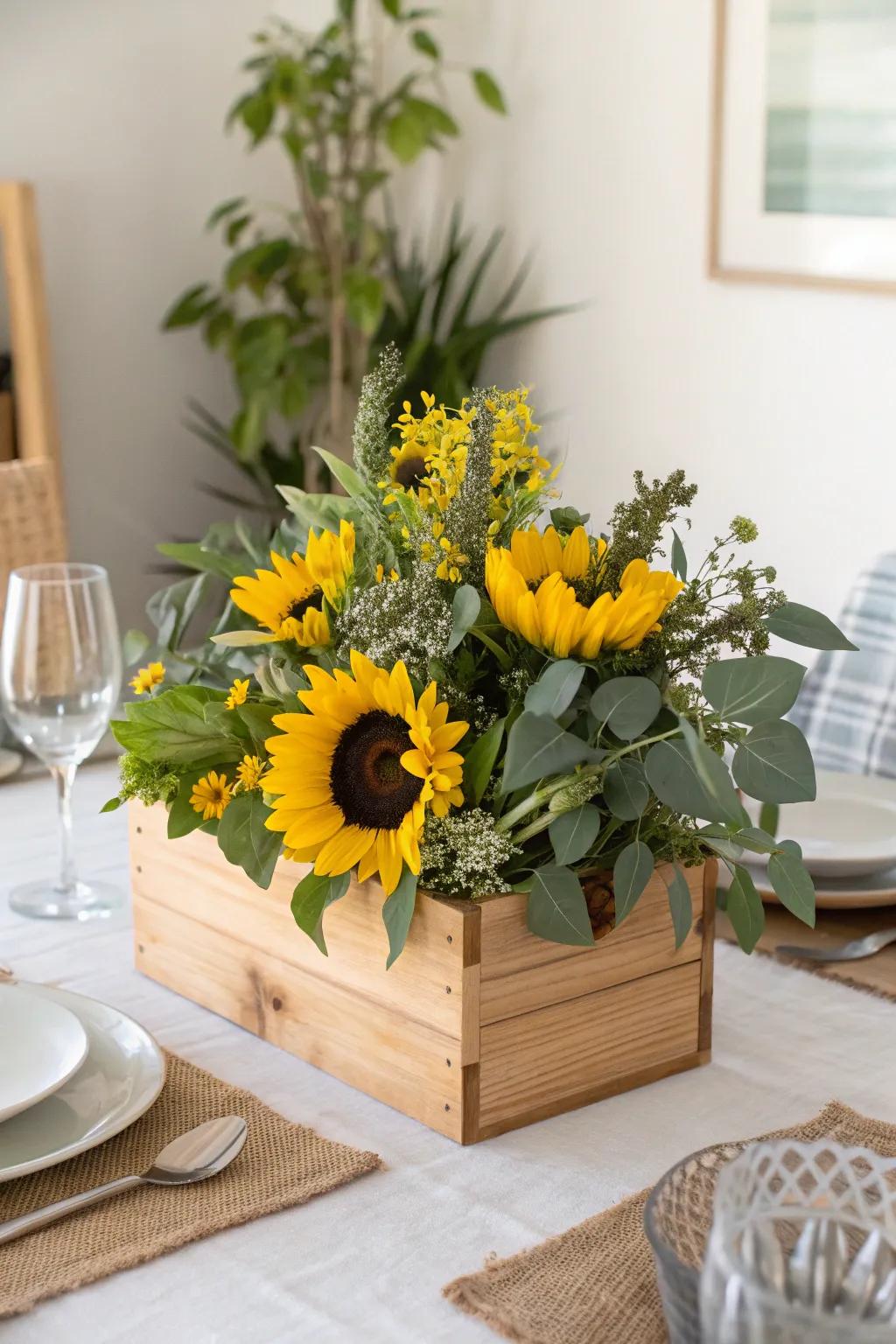 A wooden container brimming with sunflowers creates a stunning centerpiece.