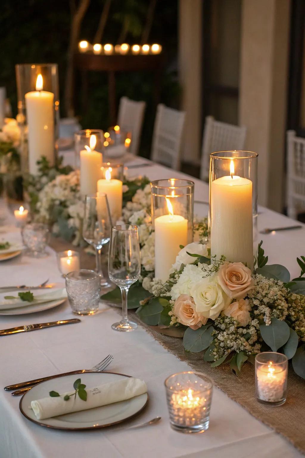Candles create a love-filled glow on the wedding table.