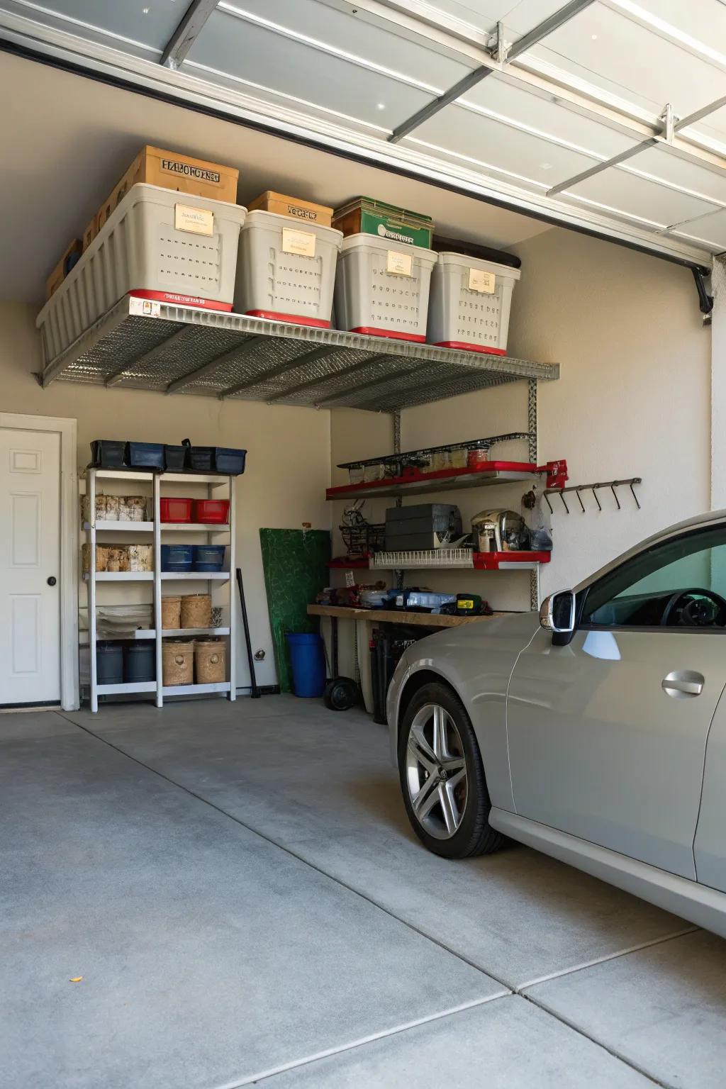 Using ceiling storage, items that aren't often needed stay tidy and out of sight.