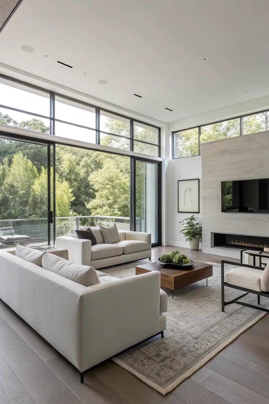 A minimalist living room highlighted by streamlined, contemporary furniture.