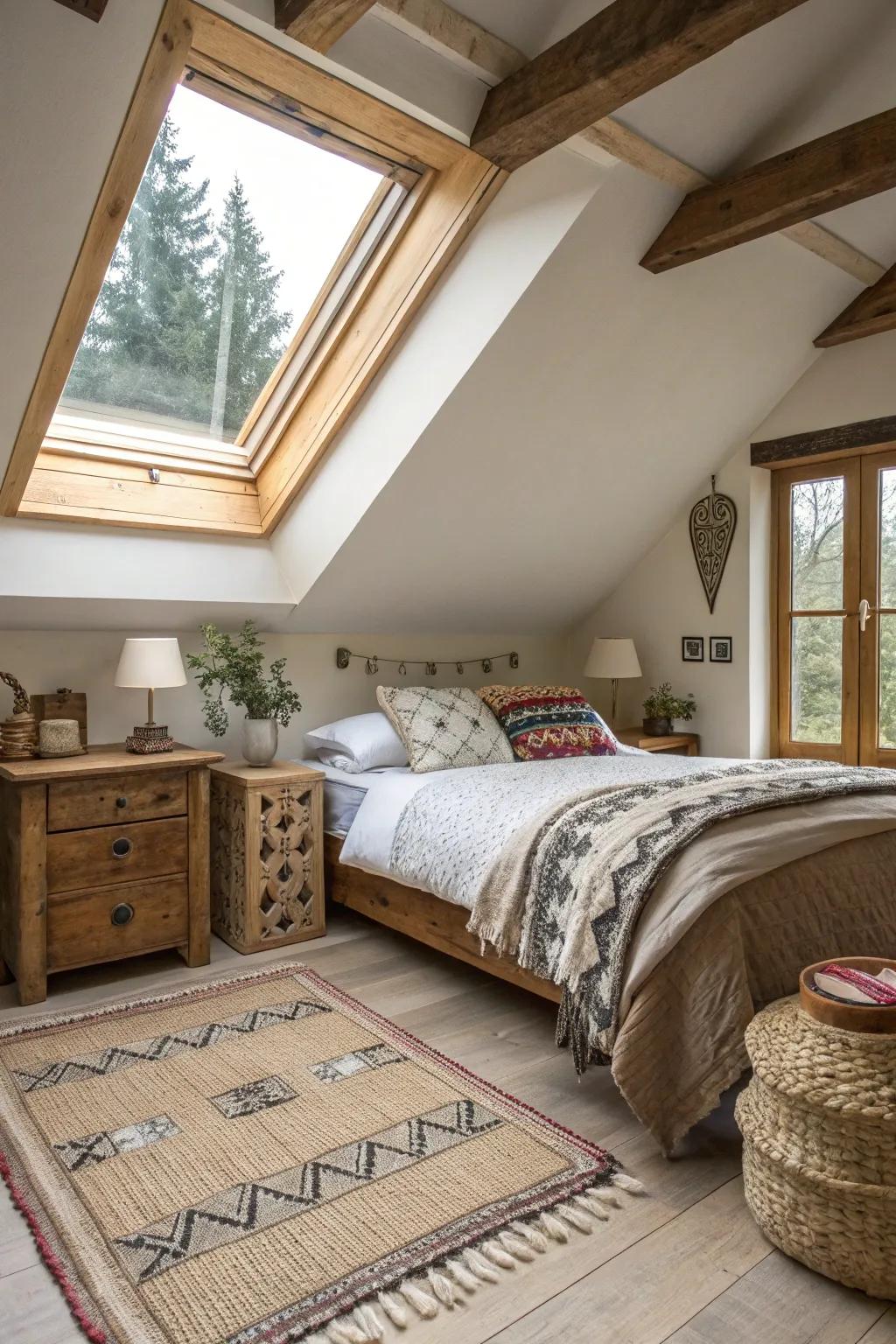 A cozy bedroom showcasing a skylight with natural wood trim.