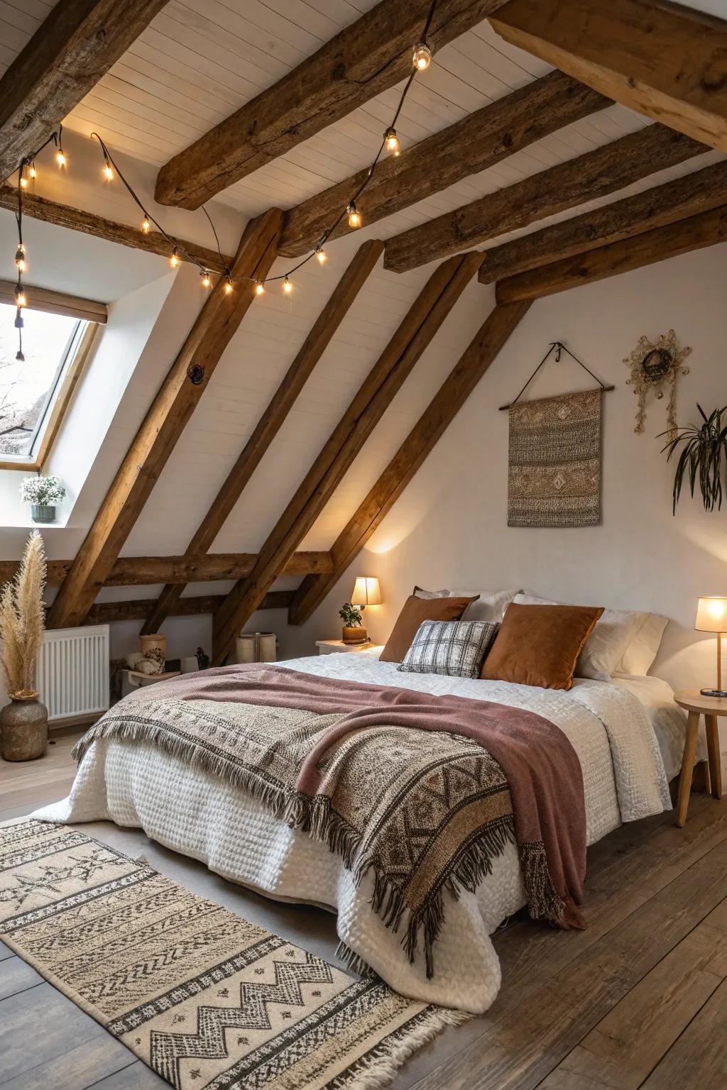 A bedroom in an attic that features beautifully exposed wooden timbers.