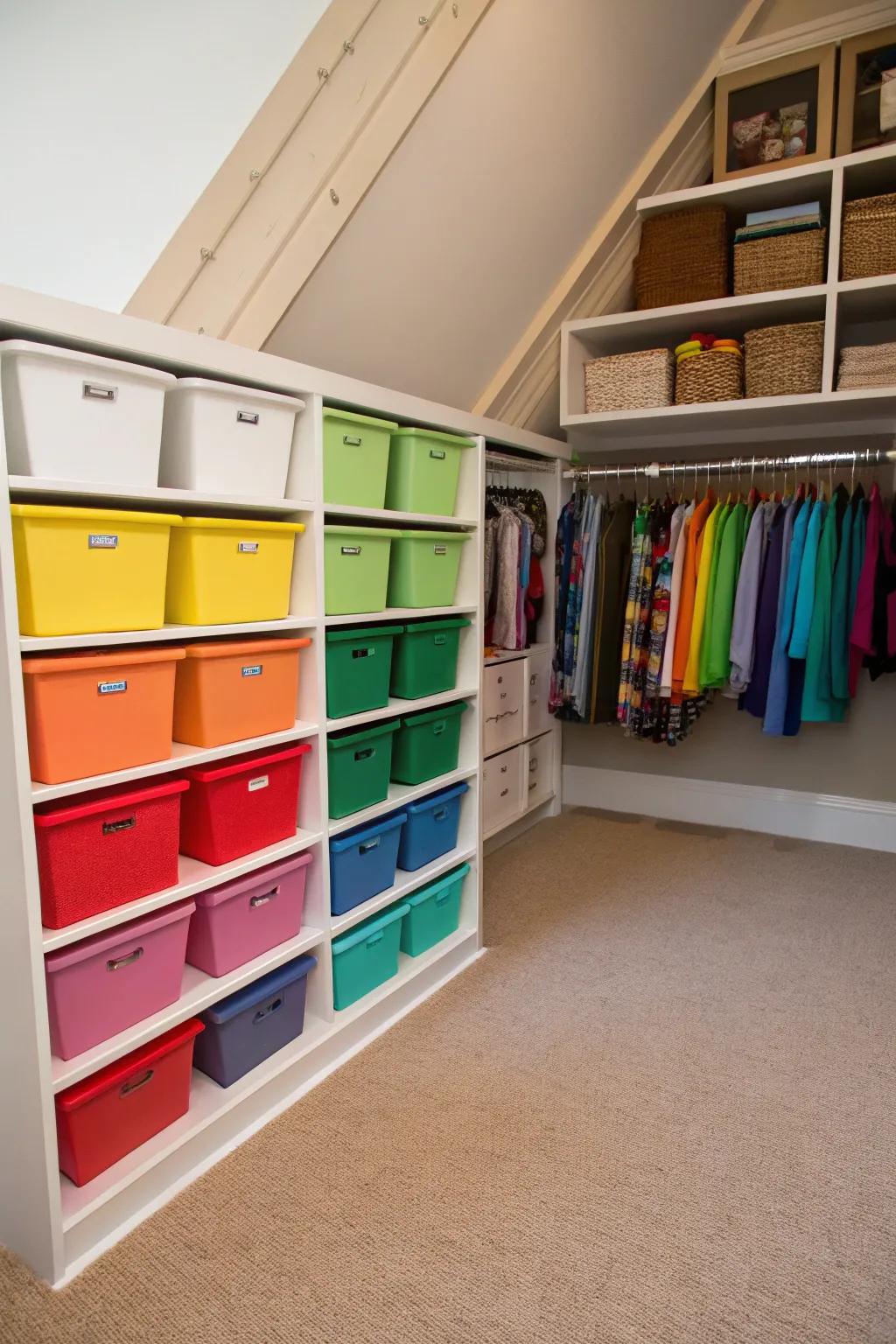 Storage bins introduce a splash of color and structure.