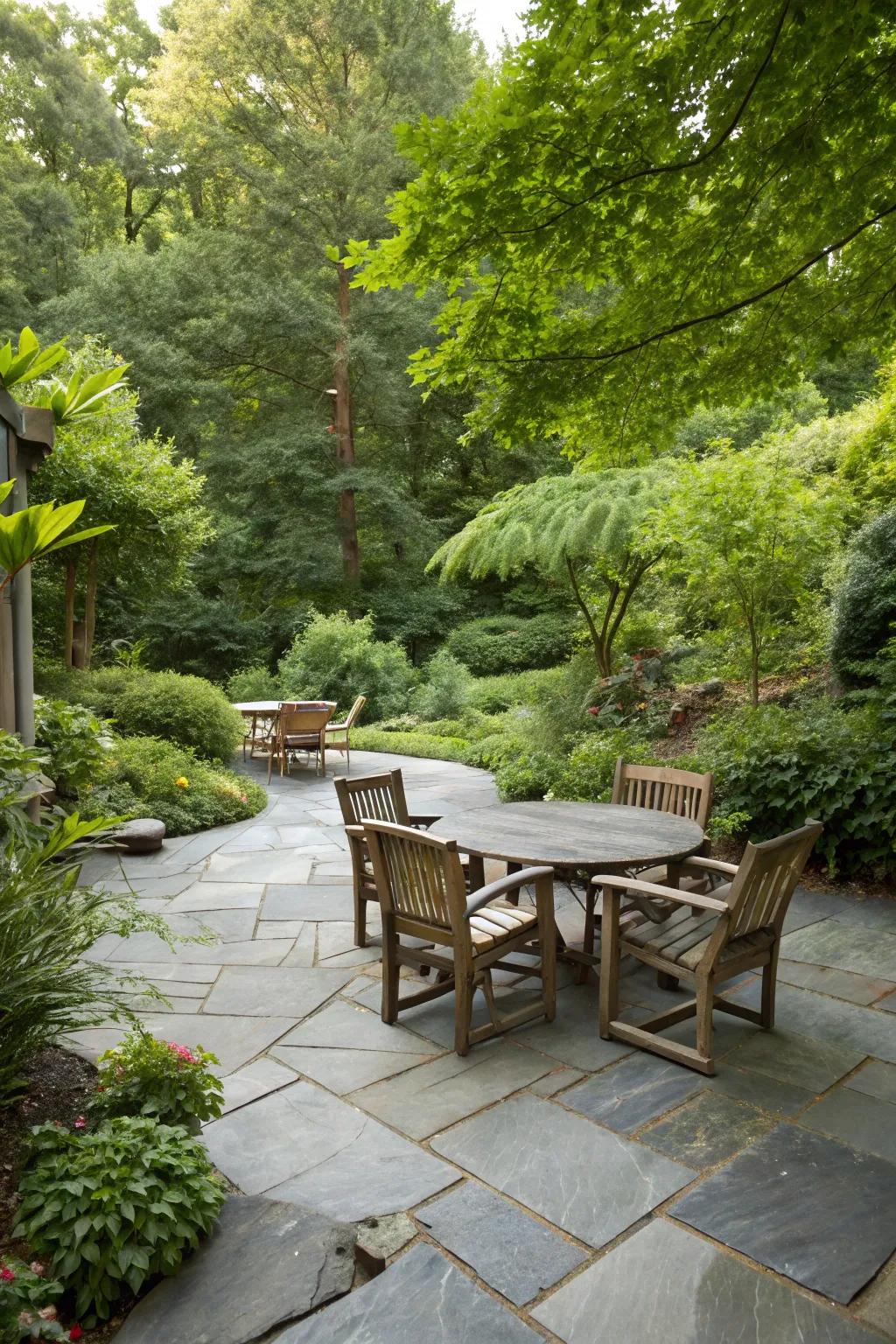 An inviting slate patio featuring unrefined wooden seating.