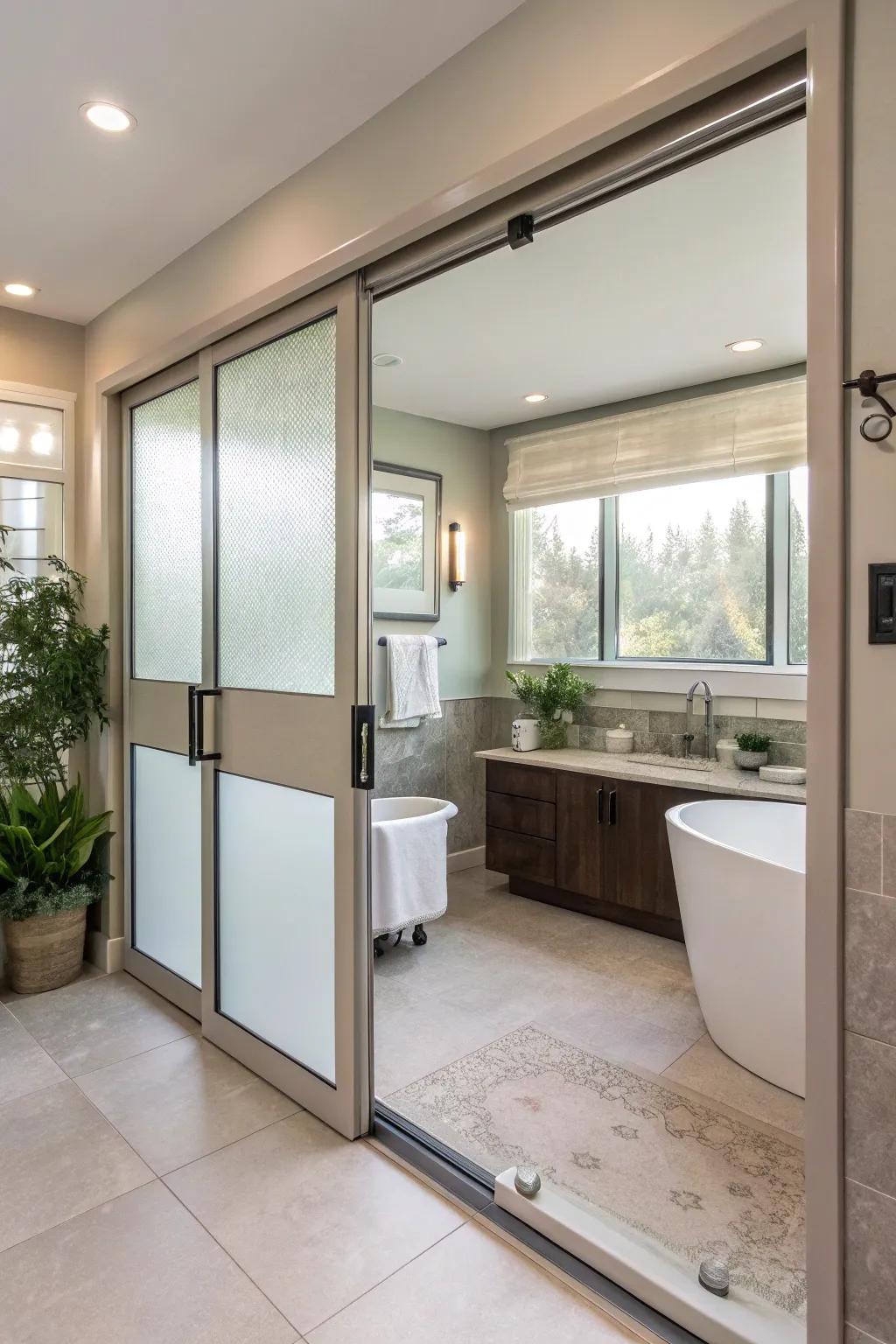 A modern bathroom with frosted glass sliding doors that provide the ideal mix of light and privacy.