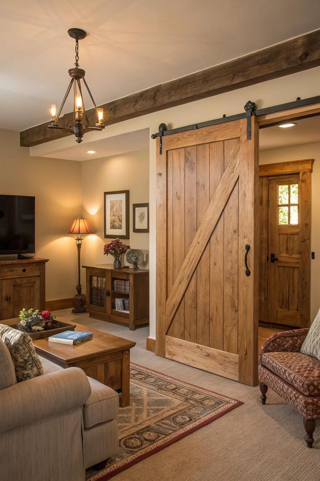 A wooden sliding door adds warmth and charm to this inviting living space.
