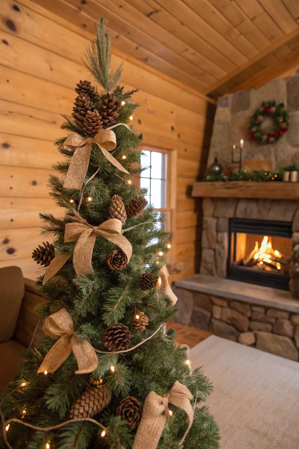 Earthy decorations add warmth and charm to a slim tree.