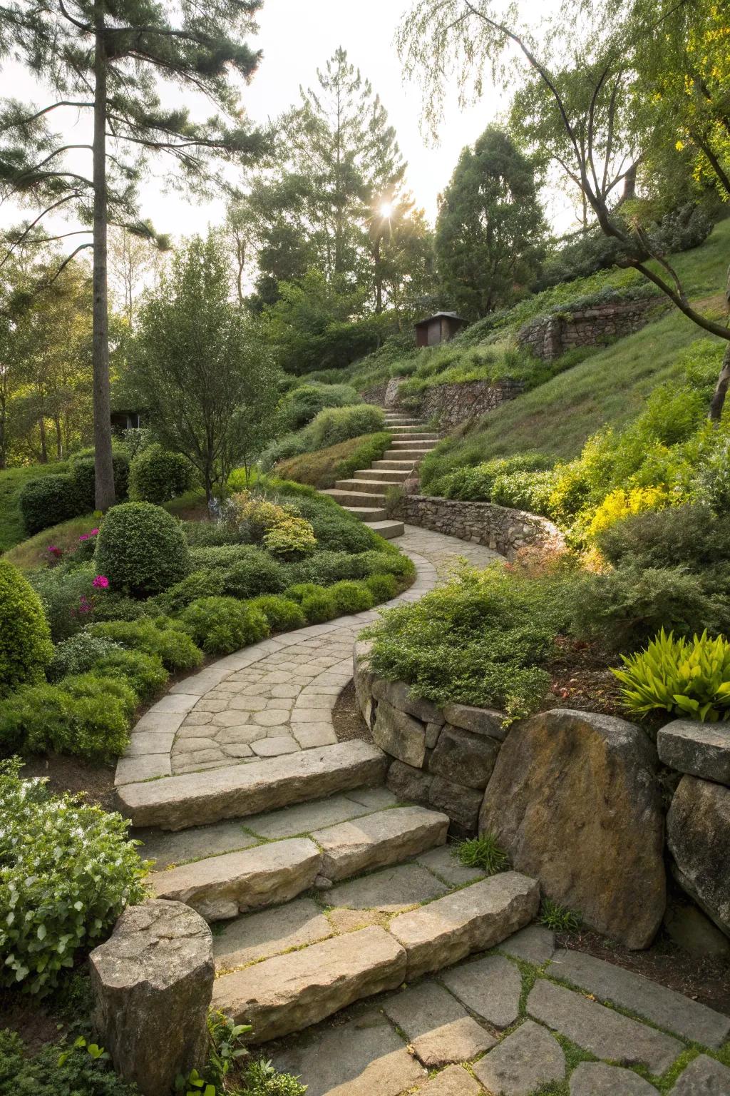 Gravel walkways elegantly weave through this flourishing inclined garden.