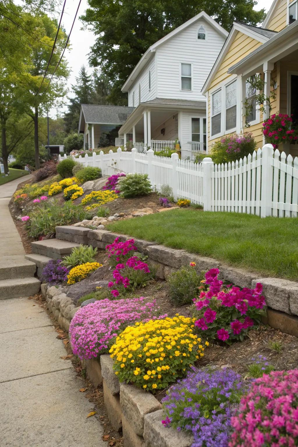 Any sloped yard gains life and appeal from colorful flower beds.