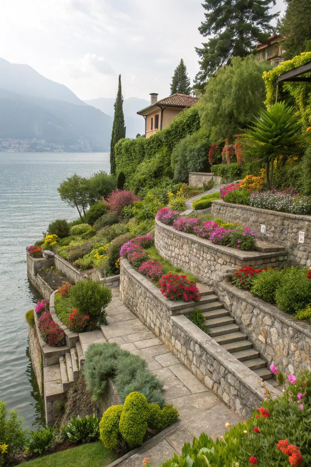 Stylish terraces turn a steep slope into a lively garden.