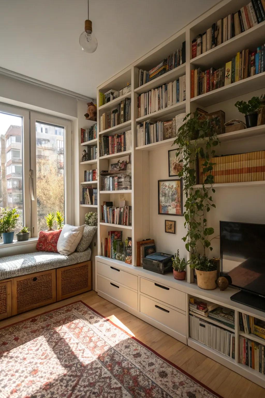 Wall-mounted storage options maintain an open and appealing floor area.