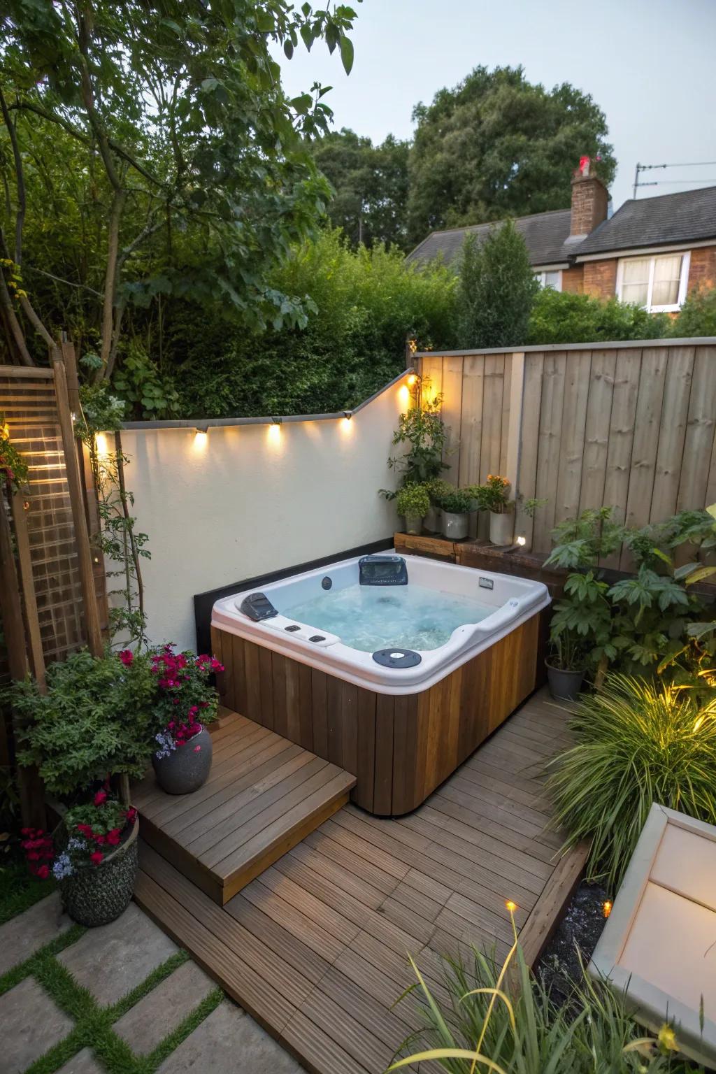 A petite backyard showcasing a compact hot tub seamlessly integrated into a corner.