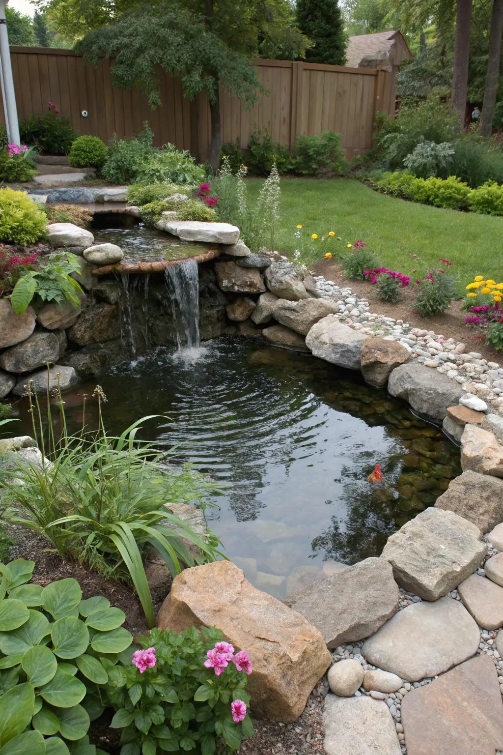 A compact waterfall infuses soothing sounds and motion into a small pond.