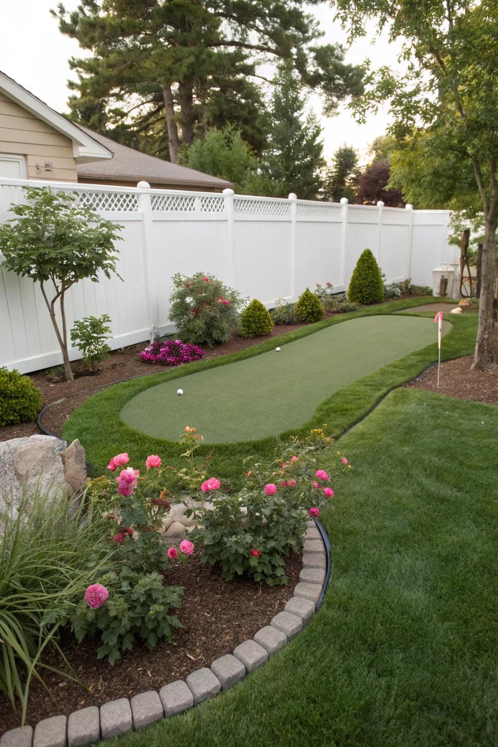 A custom-shaped putting green perfectly tailored to a small backyard.